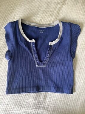 Urban Outfitters Girls' Blue Ribbed Short Sleeve Tee with White Trim